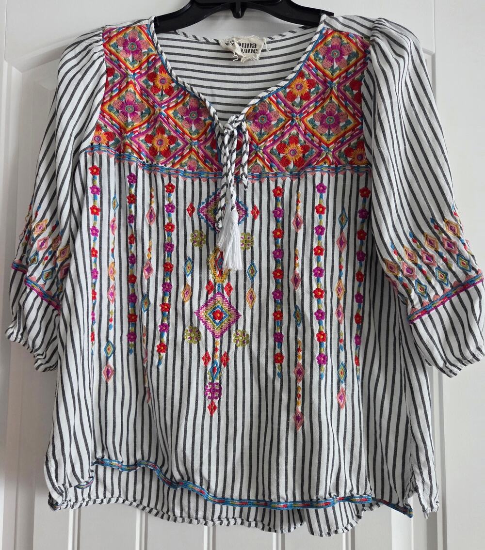 Savanna Jane Womens Small Embroidered Striped Boho Peasant Blouse Top 18674